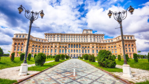 Fantastic architecture Palace of the Parliament of Bucharest at sunny day